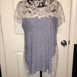 Hannah Tunic Navy and Cream striped with lace.